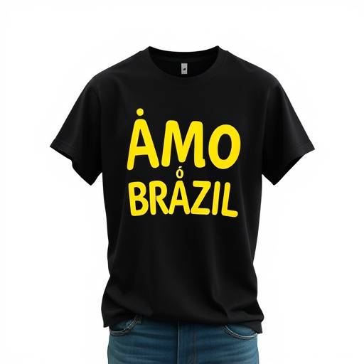 Camiseta preta com a frase 'Amo o Brasil' em letras vibrantes
